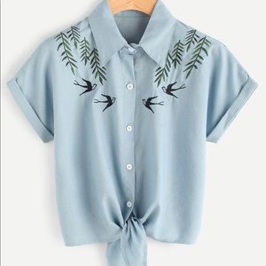 Embroidered denim style button up shirt
